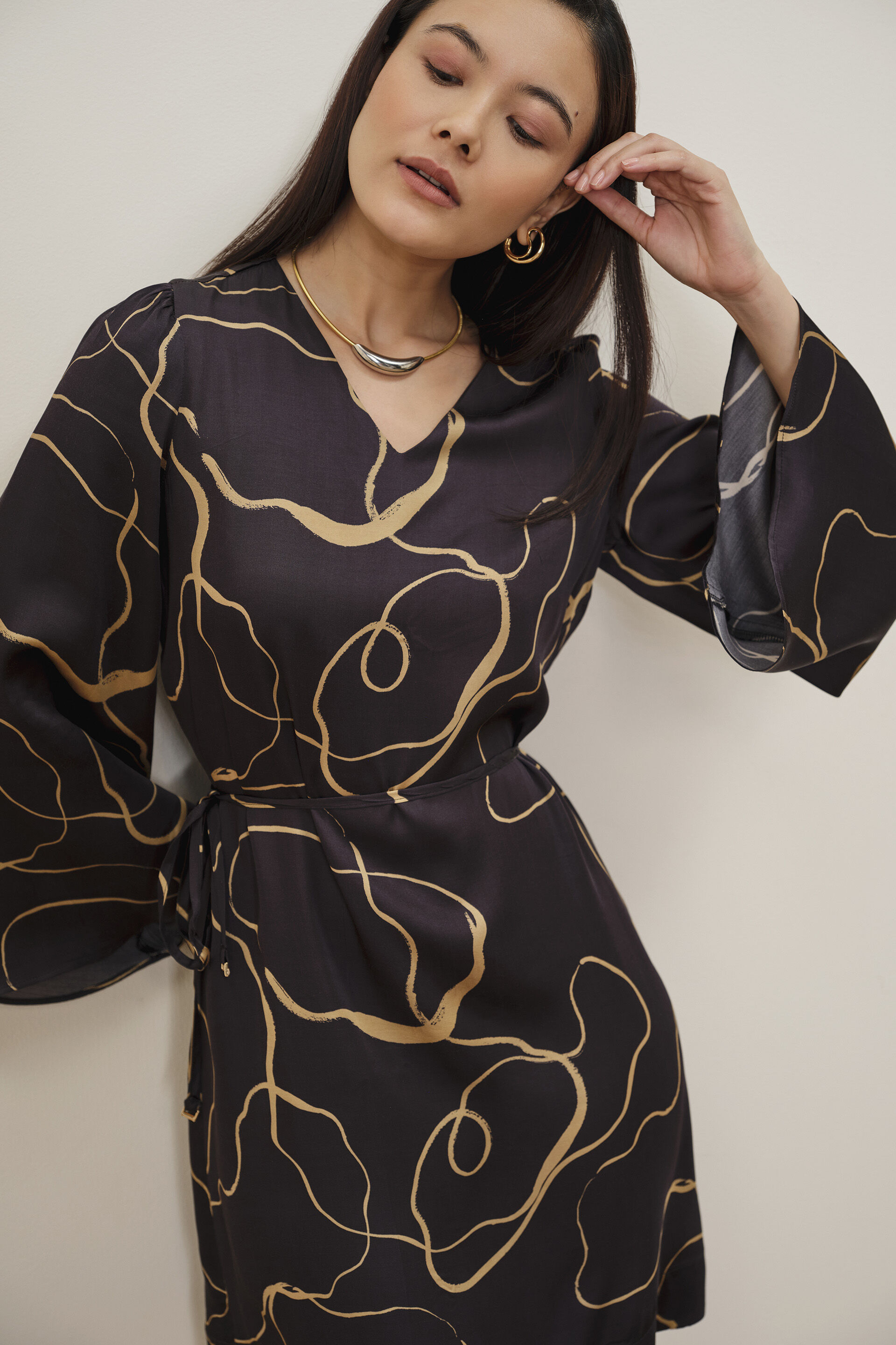 Black & Gold Modal Satin Dress, Black, image 2